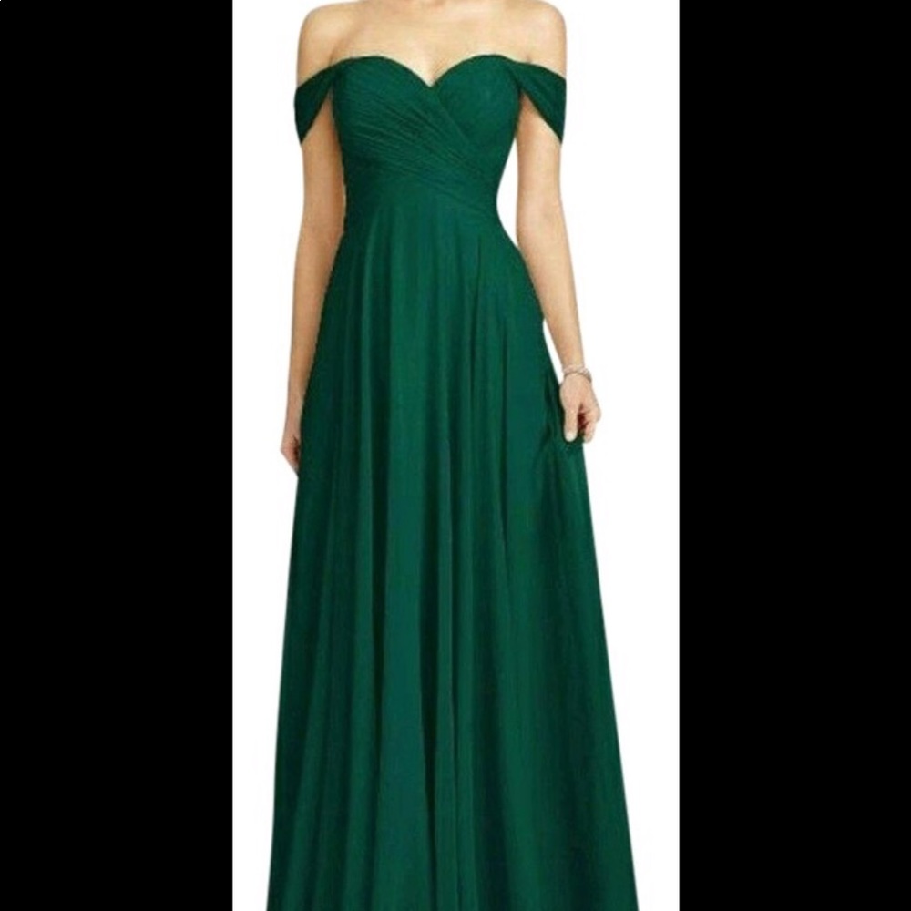 Dessy ruched off the shoulder gown.